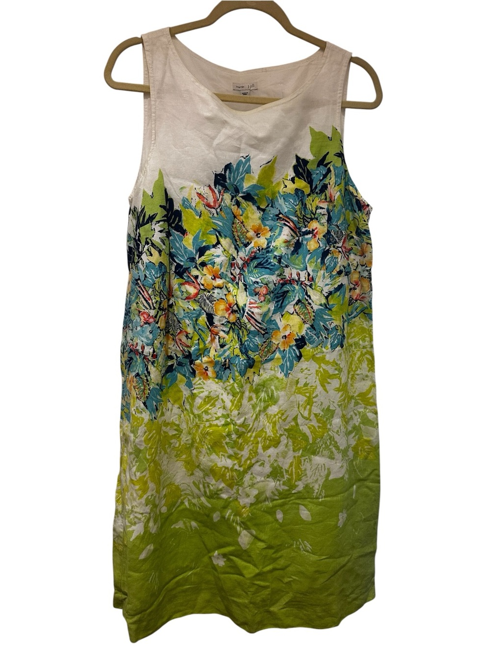 J Jill Floral Ombre Sleeveless Linen Shift Dress - White, Blue, Green Size M